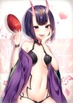  alcohol cup eyebrows eyebrows_visible_through_hair fangs fate/grand_order fate_(series) hand_on_own_cheek heart highres horns japanese_clothes kimono navel ntk_(7t5) oni oni_horns open_mouth purple_eyes purple_hair sakazuki sake shuten_douji_(fate/grand_order) solo 