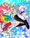  +_+ 1boy 1girl blue_eyes blue_hair boots brother_and_sister cape cure_parfait cure_waffle dezu elbow_gloves epaulettes food_themed_hair_ornament gloves green_eyes hair_ornament hand_holding highres kirahoshi_ciel kirakira_precure_a_la_mode long_hair looking_at_viewer magical_boy magical_girl open_mouth pikario_(precure) pink_hair precure siblings smile thigh_boots thighhighs twins v white_footwear white_gloves 