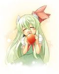  :d ^_^ apple blush closed_eyes commentary_request dress ex-keine facing_viewer food fruit green_dress green_hair horn_ribbon horns kamishirasawa_keine kokka_han light_green_hair long_hair lowres open_mouth puffy_short_sleeves puffy_sleeves red_ribbon ribbon short_sleeves smile solo sparkle touhou upper_body younger 