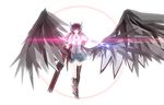  1girl alternate_weapon arm_cannon asymmetrical_wings bandaged_arm bandages bangs black_hair black_legwear black_wings boots bow breasts cape_removed collared_shirt energy expressionless frilled_skirt frills green_skirt hair_bow highres kneehighs large_breasts large_wings light_trail looking_at_viewer metal_boots miniskirt outstretched_arm red_eyes reiuji_utsuho shirt short_sleeves simple_background single_boot single_kneehigh single_thighhigh skirt solo thighhighs third_eye touhou weapon white_background white_shirt wings 