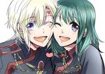  1girl :d allen_walker blue_eyes d.gray-man green_hair heart lenalee_lee open_mouth scar short_hair shumiko_(kamenokoueki) smile uniform white_hair 