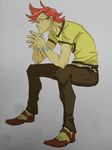  arai_hiroki bad_id bad_twitter_id bracelet fingers_together glasses glowing green-framed_eyewear grey_background hunched_over jewelry kiznaiver leaning_forward looking_at_viewer male_focus pink_hair profile scar simple_background sitting solo spiked_hair tenga_hajime 