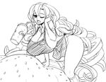  apron bent_over borrowed_character breasts coca-cola commentary curly_fries curly_hair curvy food greyscale hamburger huge_breasts long_hair matsu-sensei monochrome name_tag one_eye_closed original personification sketch solo very_long_hair 