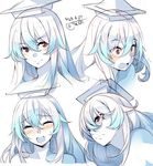 :d blue_hair blush commentary_request dated expressions hair_between_eyes hair_over_one_eye hat kamishirasawa_keine kokka_han long_hair looking_at_viewer multicolored_hair multiple_views nose_blush open_mouth portrait red_eyes sidelocks sketch smile sweat touhou two-tone_hair white_hair 