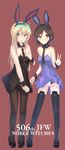  animal_ears bare_shoulders black_dress black_footwear black_neckwear blonde_hair blue_dress blush brown_eyes brown_hair bunny_ears bunny_girl detached_collar dress drum_(acta2436) green_eyes heinrike_prinzessin_zu_sayn-wittgenstein highres hirschgeweih_antennas iron_cross kuroda_kunika looking_at_viewer mary_janes multiple_girls necktie no_pants noble_witches open_mouth panties panties_under_pantyhose pantyhose pantyshot pantyshot_(standing) pleated_dress print_neckwear shoes smile standing thighhighs underwear v white_panties wind wind_lift world_witches_series wrist_cuffs 