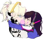  asymmetrical_docking blonde_hair blue_eyes bodysuit breast_press breasts brown_eyes brown_hair bubble_blowing chewing_gum d.va_(overwatch) eyebrows eyebrows_visible_through_hair from_side gloves hand_on_another's_head headgear headphones high_collar hug large_breasts long_hair mechanical_halo mercy_(overwatch) multiple_girls mwo_imma_hwag overwatch pauldrons pilot_suit ponytail profile protected_link shoulder_pads simple_background turtleneck upper_body whisker_markings white_background white_gloves yuri 