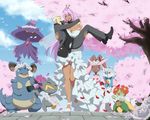  1girl banette bare_shoulders bellossom belt black_footwear blue_sky breasts carrying cherry_blossoms choker closed_eyes cloud danzilla dark_skin day flower formal gardevoir gen_1_pokemon gen_2_pokemon gen_3_pokemon gen_4_pokemon head_wreath large_breasts long_hair lopunny mismagius nidoqueen one_eye_closed open_mouth outdoors petals pink_hair pink_sclera pokemon pokemon_(creature) princess_carry purple_hair red_eyes shoes size_difference sky tears tree veil walking white_flower white_footwear white_hair yellow_eyes 
