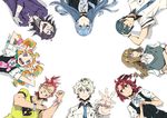  4girls agata_katsuhira arai_hiroki bandages blue_hair blue_neckwear blush braid brown_hair closed_eyes crossed_arms double_v fingers_together flexing glasses green-framed_eyewear green_hair hand_in_hair highres hisomu_yoshiharu kiznaiver long_hair looking_at_another looking_at_viewer lying maki_honoka multicolored_hair multiple_boys multiple_girls necktie niiyama_nico on_back orange_hair outstretched_arm pink_hair pose purple_eyes purple_hair red_eyes red_hair scar school_uniform single_braid smile sonozaki_noriko streaked_hair sweater_vest takashiro_chidori tenga_hajime v watch white_hair wristwatch yuta_tsuguhito 