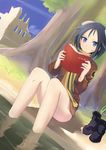  animal_ears ankle_boots bandage_on_face black_hair blue_eyes book boots boots_removed brave_witches dog_ears drum_(acta2436) dutch_angle highres kanno_naoe reading scarf short_hair sitting soaking_feet solo world_witches_series 