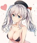  bad_id bad_pixiv_id bare_shoulders beret bikini bikini_top black_bikini_top blue_eyes breasts cleavage collarbone hat heart kantai_collection kashima_(kantai_collection) large_breasts looking_at_viewer rikoma shiny shiny_skin sidelocks silver_hair smile solo swimsuit tsurime twintails upper_body wavy_hair 