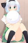  :3 against_wall bed_sheet between_legs black_legwear black_ribbon blush crossed_arms eyebrows eyebrows_visible_through_hair ghost green_eyes green_skirt green_vest hair_ribbon hairband hug kneehighs knees_together_feet_apart knees_up konpaku_youmu konpaku_youmu_(ghost) looking_at_viewer miniskirt nigo_(aozoragarou) panties pantyshot pantyshot_(sitting) pleated_skirt puffy_short_sleeves puffy_sleeves ribbon self_hug shirt short_hair short_sleeves silver_hair sitting skirt smiley_face solo tareme tears thighs touhou underwear upskirt vest white_hair white_panties white_shirt wooden_wall |_| 