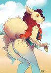  anthro butt canine clothing female happylittlecloud looking_back mammal outside solo standing swimsuit teeth 
