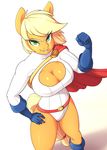  2016 anthro anthrofied applejack_(mlp) blonde_hair breasts cape cleavage clothed clothing equine female freckles friendship_is_magic hair horse looking_at_viewer mammal my_little_pony pony power_girl skecchiart solo superhero 