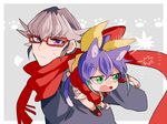  akaba_reiji angry blush cat_ears cat_tail chibi fang green_eyes long_hair nekomimi purple_hair serena_(yuu-gi-ou_arc-v) silver_hair yu-gi-oh! yuu-gi-ou_arc-v 