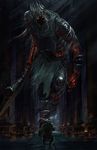 burning dark_souls_iii from_software giant glowing glowing_eyes highres huge_weapon ishutani siegward_of_catarina souls_(from_software) sword weapon yhorm_the_giant 