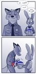  2016 anthro blueberry_(fruit) canine clothed clothing comic dialogue disney duo english_text female food fox fruit hi_res july_hopps_(mistermead) lagomorph male mammal mistermead nick_wilde police_uniform rabbit simple_background speech_bubble text uniform zootopia 