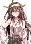  &gt;:) ahoge aiguillette bare_shoulders black_bow blue_eyes blush bow brown_hair closed_mouth collarbone cowboy_shot detached_sleeves eyebrows eyebrows_visible_through_hair hair_between_eyes hand_on_hip headgear japanese_clothes kantai_collection kimono kongou_(kantai_collection) long_hair long_sleeves looking_at_viewer nontraditional_miko red_ribbon ribbon ribbon-trimmed_sleeves ribbon_trim simple_background sleeveless sleeveless_kimono sleeves_past_wrists smile solo tai_(nazutai) v-shaped_eyebrows very_long_hair white_background 
