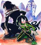  1girl aizawa_shouta asui_tsuyu black_eyes black_hair bodysuit boku_no_hero_academia facial_hair frog_girl gloves green_bodysuit long_hair long_tongue low-tied_long_hair rtmg scarf stubble tongue tongue_out traditional_media 