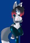  2016 anthro big_breasts breasts canine clothing crossed_arms female hair jacket legwear long_hair looking_up mammal neronova nipples pussy rubber shiny simple_background stockings wolf 