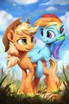  2016 applejack_(mlp) assasinmonkey blonde_hair blue_feathers blue_fur cowboy_hat cutie_mark duo earth_pony equine eye_contact feathered_wings feathers female feral friendship_is_magic fur grass green_eyes hair hat horse mammal multicolored_hair multicolored_tail my_little_pony nature orange_fur outside pegasus pony purple_eyes rainbow_dash_(mlp) rainbow_hair sky smile wings 