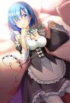  benchen06 blue_eyes blue_hair breasts cleavage detached_sleeves hair_ornament hair_over_one_eye hairband_removed highres lying maid maid_headdress medium_breasts on_back pantyhose pillow re:zero_kara_hajimeru_isekai_seikatsu rem_(re:zero) short_hair solo underbust white_legwear wide_sleeves x_hair_ornament 