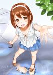  2016 armpit_peek artist_name blouse blush brown_eyes brown_hair casual dated full_body hairband open_mouth panties pantyshot pantyshot_(reflection) puddle sajima_yumi sandals school_girl_strikers short_hair shorts smile solo sunsun69 umbrella underwear upshorts white_panties 