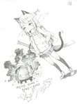  animal_ears backpack bad_id bad_pixiv_id bag breath bus cat_ears cat_tail down_jacket down_vest dutch_angle eyebrows eyebrows_visible_through_hair fire full_body graphite_(medium) greyscale ground_vehicle hair_ornament hairclip hands_in_pockets highres katana kneehighs korean long_hair looking_at_viewer monochrome motor_vehicle original scan shadow sheath sheathed shoes shufflebox skirt sneakers solo standing sword tail traditional_media translation_request vest weapon white_background 