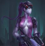  aionlights arm_tattoo blue_skin bodysuit breasts cleavage expressionless gloves gun head_mounted_display lipstick makeup medium_breasts overwatch pauldrons pink_bodysuit ponytail purple_hair rifle signature sniper_rifle solo tattoo watermark weapon web_address widowmaker_(overwatch) yellow_eyes 