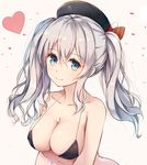  bare_shoulders beret bikini bikini_top black_bikini_top blue_eyes breasts collarbone hat heart kantai_collection kashima_(kantai_collection) large_breasts looking_at_viewer revision rikoma sidelocks silver_hair smile solo swimsuit tsurime twintails upper_body wavy_hair 