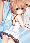  blanc blue_eyes brown_hair from_behind highres looking_at_viewer neptune_(series) panties ram_(choujigen_game_neptune) rom_(choujigen_game_neptune) shironeko_haru short_hair solo teruterubouzu underwear upskirt window 