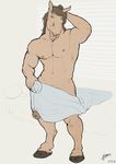  2016 abs animal_genitalia animal_penis anthro armpits belly biceps big_penis brown_fur bulge clothed clothing digital_media_(artwork) equine equine_penis erection fur hair horse looking_at_viewer male mammal morning muscular muscular_male nipples nude open_mouth pecs penis pose sieg simple_background smile solo thick_penis topless trogan wood 