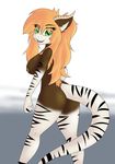  2016 anthro breasts butt female hair long_hair long_tail looking_back looking_down neronova nipples okabi okabi_(species) open_mouth simple_background stripes voluptuous white_background 