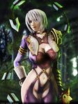  1girl armor blue_eyes breasts cleavage earrings eyeshadow highres isabella_valentine jewelry large_breasts lipstick makeup short_hair solo soul_calibur soulcalibur_v upper_body very_short_hair weapon whip_sword white_hair 