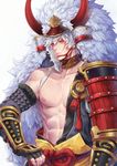  abs highres male_focus samurai scar seven_knights simple_background solo spike_(seven_knights) white_background white_hair winter_(winter168883) yellow_eyes 