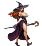  1girl animated animated_gif bare_legs bare_shoulders bounce bouncing_breasts breasts brown_hair cane curvy detached_sleeves dragon&#039;s_crown dress female hat hips holding huge_breasts lace legs long_hair long_skirt lowres shoes side_slit simple_background skirt solo sorceress sorceress_(dragon&#039;s_crown) thighs transparent_background vanillaware walking wide_hips witch_hat 