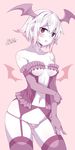  ass_visible_through_thighs bare_shoulders black_gloves black_legwear blush breasts collarbone commentary_request cowboy_shot dated demon_girl demon_wings elbow_gloves garter_belt gloves gradient_hair head_wings highres jpeg_artifacts kokka_han kono_subarashii_sekai_ni_shukufuku_wo! looking_at_viewer monochrome multicolored_hair navel o-ring o-ring_top panties parted_lips pink_hair shinjin_succubus_(konosuba) short_hair signature small_breasts solo spot_color succubus thighhighs two-tone_hair underwear wavy_mouth white_hair wings 