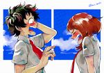  1girl black_hair blush boku_no_hero_academia closed_eyes midoriya_izuku necktie open_mouth red_hair rtmg school_uniform short_hair traditional_media u.a._school_uniform uraraka_ochako wanaata 