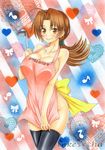  ahoge apron artist_name black_legwear breasts brown_hair cleavage commentary_request hanako_(pokemon) ladle large_breasts long_hair marker_(medium) mature naked_apron pokemon pokemon_(anime) ponytail smile solo takecha thighhighs traditional_media 