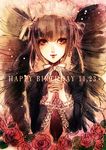  bangs black_hair bonnet celestia_ludenberck danganronpa danganronpa_1 drill_hair flower frills gothic_lolita hands_together happy_birthday jpeg_artifacts lolita_fashion long_hair looking_at_viewer necktie red_eyes red_flower red_rose rose smile solo twin_drills twintails z-epto_(chat-noir86) 