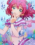  air_bubble aqua_eyes bow bracelet bubble commentary_request covering_mouth earrings jewelry koi_ni_naritai_aquarium kurosawa_ruby looking_at_viewer love_live! love_live!_sunshine!! midriff navel pearl_bracelet red_hair scrunchie signature smile solo sora_(kamusora) two_side_up underwater 