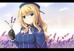  aqua_eyes atago_(kantai_collection) beret black_gloves blonde_hair blush breasts commentary_request field flower flower_field frilled_sleeves frills gloves hat highres kantai_collection lavender_(flower) letterboxed long_hair long_sleeves looking_at_viewer medium_breasts military military_uniform mizunashi_kenichi smile solo uniform upper_body 
