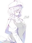  blush breasts closed_eyes commentary_request dated hat highres juliet_sleeves kokka_han large_breasts letty_whiterock long_sleeves mob_cap monochrome puffy_sleeves short_hair smile solo touhou upper_body v_arms 
