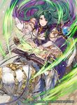  armor armored_boots book boots cape cecilia_(fire_emblem) copyright_name feathers fire_emblem fire_emblem:_fuuin_no_tsurugi fire_emblem_cipher gloves green_hair horse itou_misei long_hair magic official_art solo staff yellow_eyes 