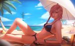  ball beach beach_towel beach_umbrella beachball bikini final_fantasy final_fantasy_xiii highres lightning_farron looking_at_viewer md5_mismatch multiple_girls palm_tree pink_hair raikoart reclining serah_farron shade sitting solo_focus sunglasses swimsuit towel tree umbrella water 