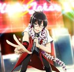 ;) black_hair bracelet flower flower_necklace foreshortening glasses green_eyes holding holding_microphone idolmaster idolmaster_side-m indoors iseya_shiki jewelry looking_at_viewer male_focus microphone necklace necktie neon_lights official_art one_eye_closed open_mouth pink-framed_eyewear smile solo standing v 