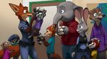  2016 anthro badge canine carrying child clothed clothing disney elephant eyewear fox glasses ipoke judy_hopps lagomorph mammal nick_wilde petting police_uniform rabbit raccoon smile uniform young zootopia 