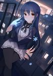  black_hair black_legwear brown_eyes headphones looking_at_viewer original pantyhose pleated_skirt rizky_(strated) school_uniform sitting skirt snowflakes solo 