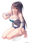  aken bangs barefoot black_hair blue_shorts breasts cleavage collarbone downblouse drawstring dungeon_and_fighter eyebrows eyebrows_visible_through_hair eyelashes fan fingernails full_body heart holding holding_fan hot kneehighs kneeling large_breasts long_fingernails long_hair looking_at_viewer no_bra open_mouth paper_fan ponytail print_shirt pulled_by_self shiny shiny_skin shirt shirt_pull short_shorts shorts shoulder_cutout sidelocks simple_background sleeves_pushed_up solo sweat swept_bangs toenails toes tongue twitter_username uchiwa very_long_hair white_background 