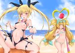  beach bikini black_bow blazblue blonde_hair blue_bow blush bow breasts breasts_outside cloud day hair_bow hairband long_hair muchourin multiple_girls navel nipples outdoors platinum_the_trinity pussy_peek quad_tails rachel_alucard red_eyes revealing_clothes sky small_breasts staff swimsuit tongue twintails valiant1227 