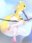  2016 anthro blue_eyes breasts bridal_gauntlets butt claws digimon dipstick_tail female fur looking_at_viewer looking_back multicolored_tail neck_tuft pawpads renamon sitting solo toe_claws tsampikos tuft yellow_fur 